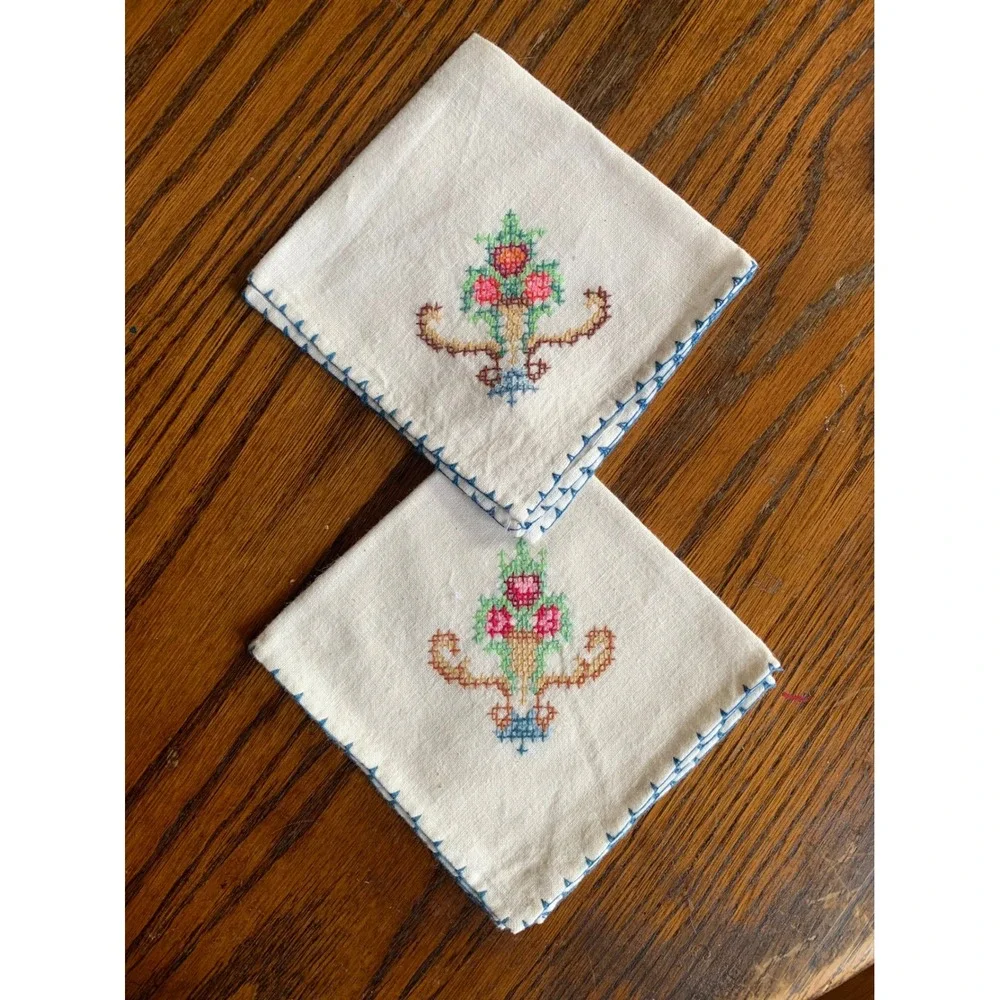 Vintage Hand Embroidered Cross Stitch Floral Napkins Set of 2 White Blue 10x10